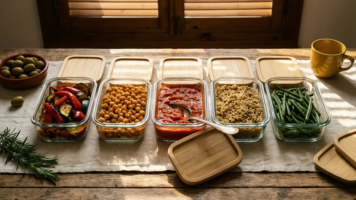 Cinco táperes de cristal con verduras asadas, garbanzos, sofrito, cereales y judías verdes sobre un mantel de lino