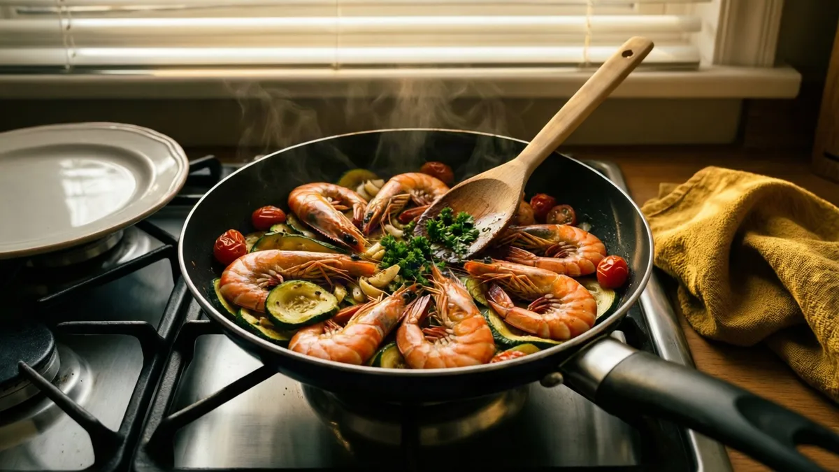 Sartén con gambas, calabacín y tomates cherry salteados, con una cuchara de madera