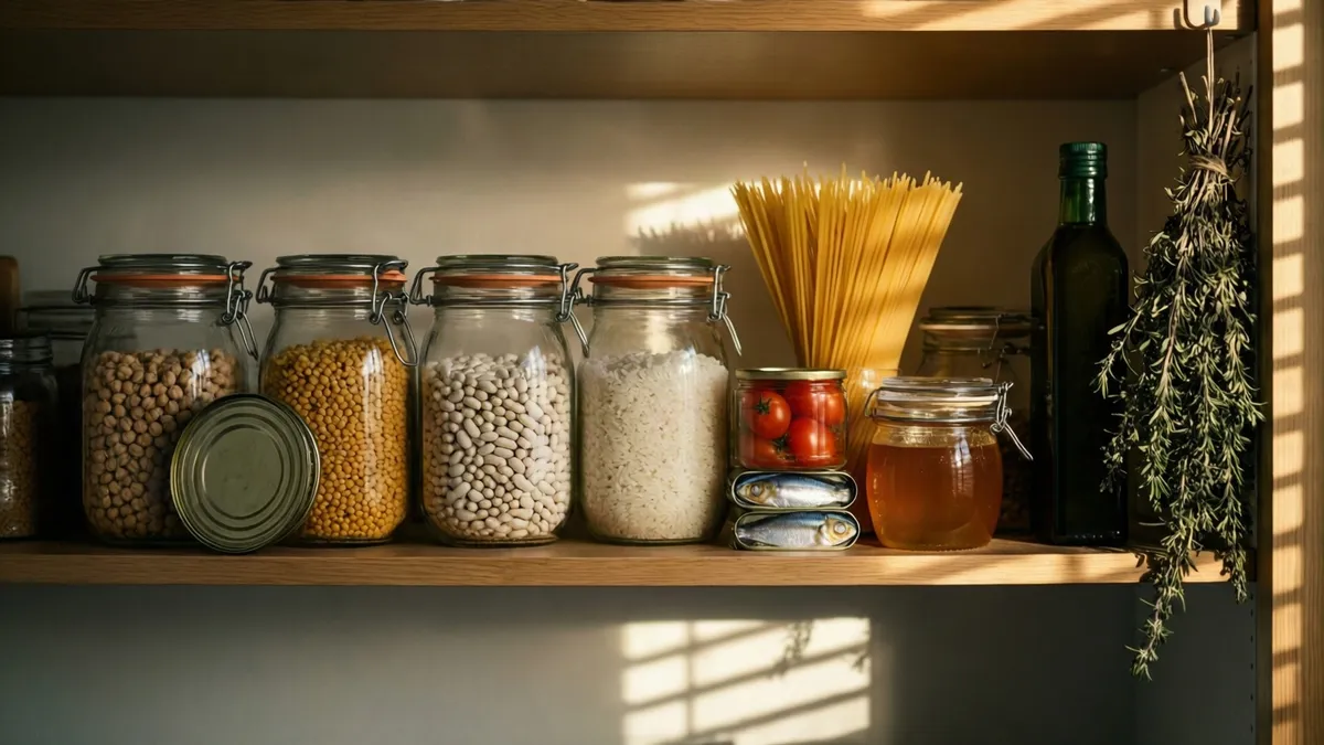 Estante con tarros de garbanzos, lentejas, alubias, arroz y pasta, junto a conservas y aceite