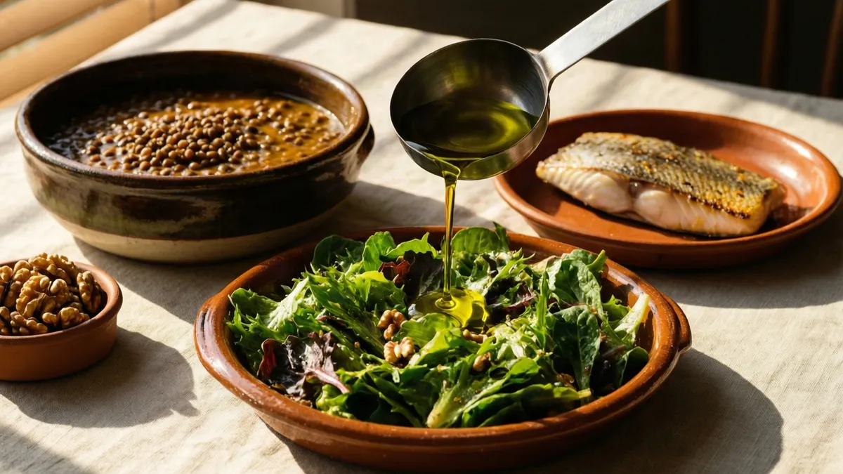 Un cucharón de metal vierte aceite de oliva dorado sobre una ensalada verde fresca con nueces, dispuesta sobre una mesa de lino claro.