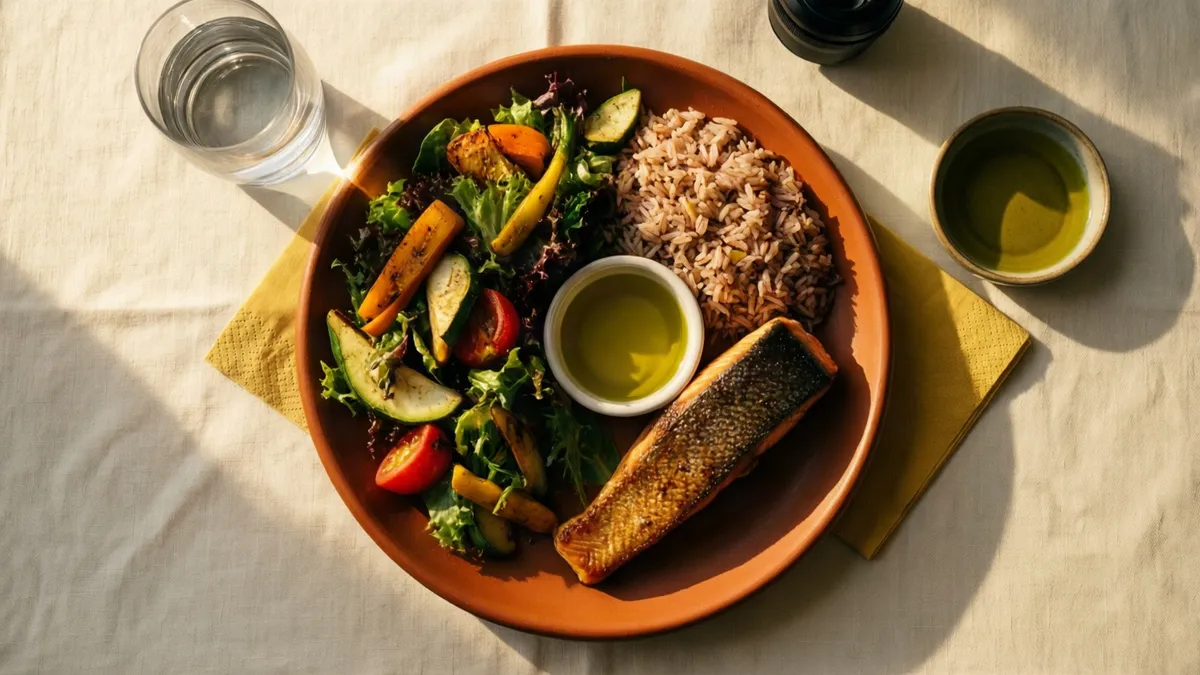Plato de barro con media ración de verduras, un cuarto de arroz y un cuarto de pescado