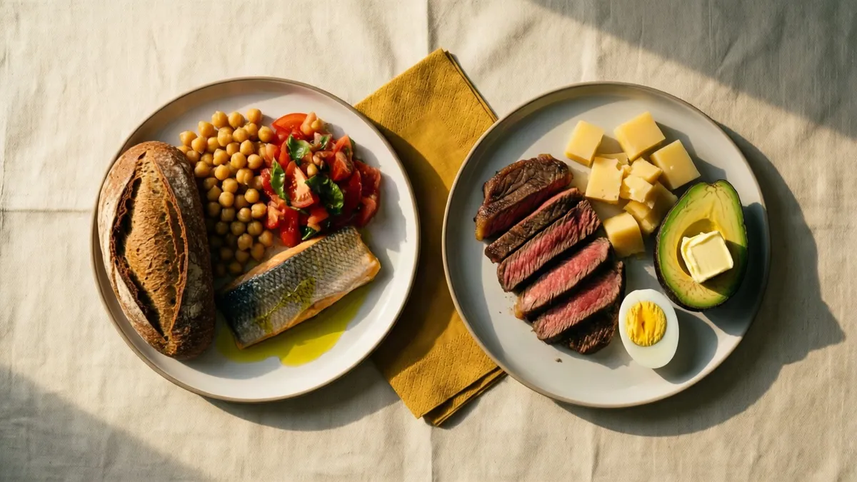 Dos platos comparados: uno con pan, garbanzos y pescado, otro con carne, queso y aguacate