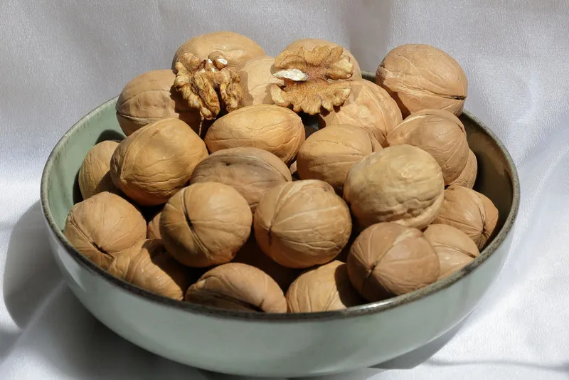 Nueces con cáscara en un cuenco de cerámica verde