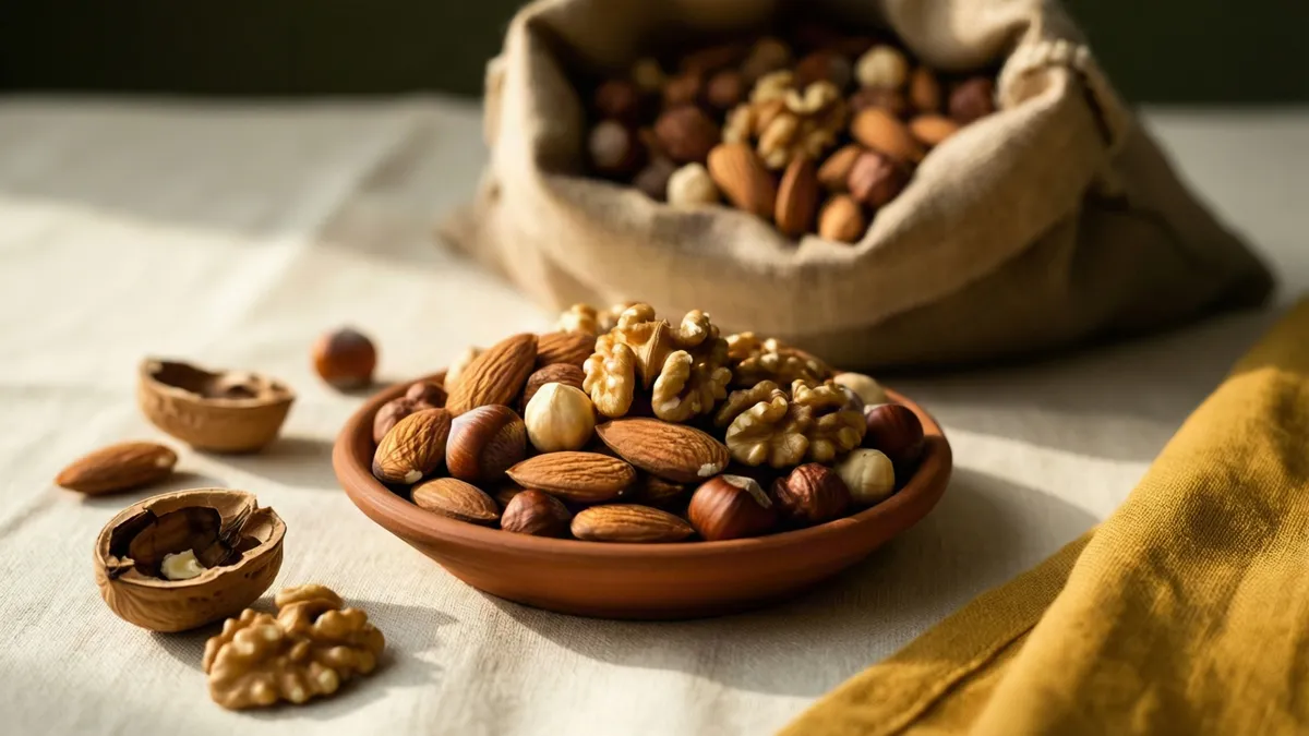 Cuenco de barro con un puñado de almendras, nueces y avellanas sobre lino, y un saco detrás