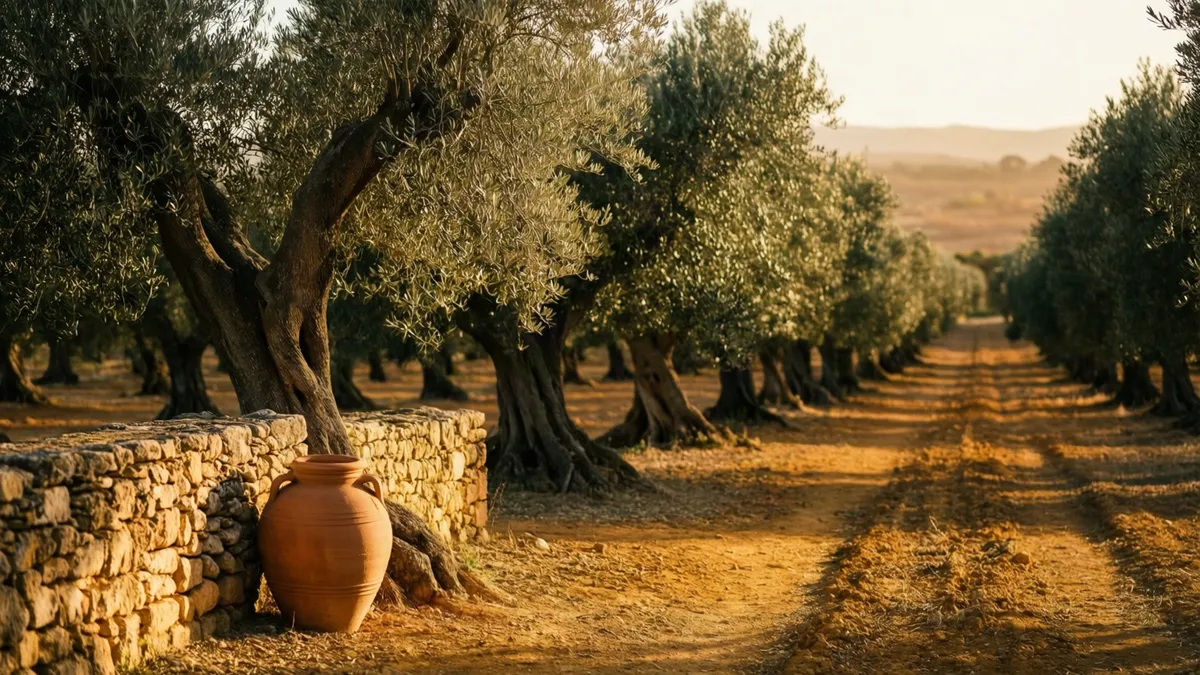 Olivar en hileras sobre tierra ocre por la tarde, con un muro de piedra y una tinaja de barro