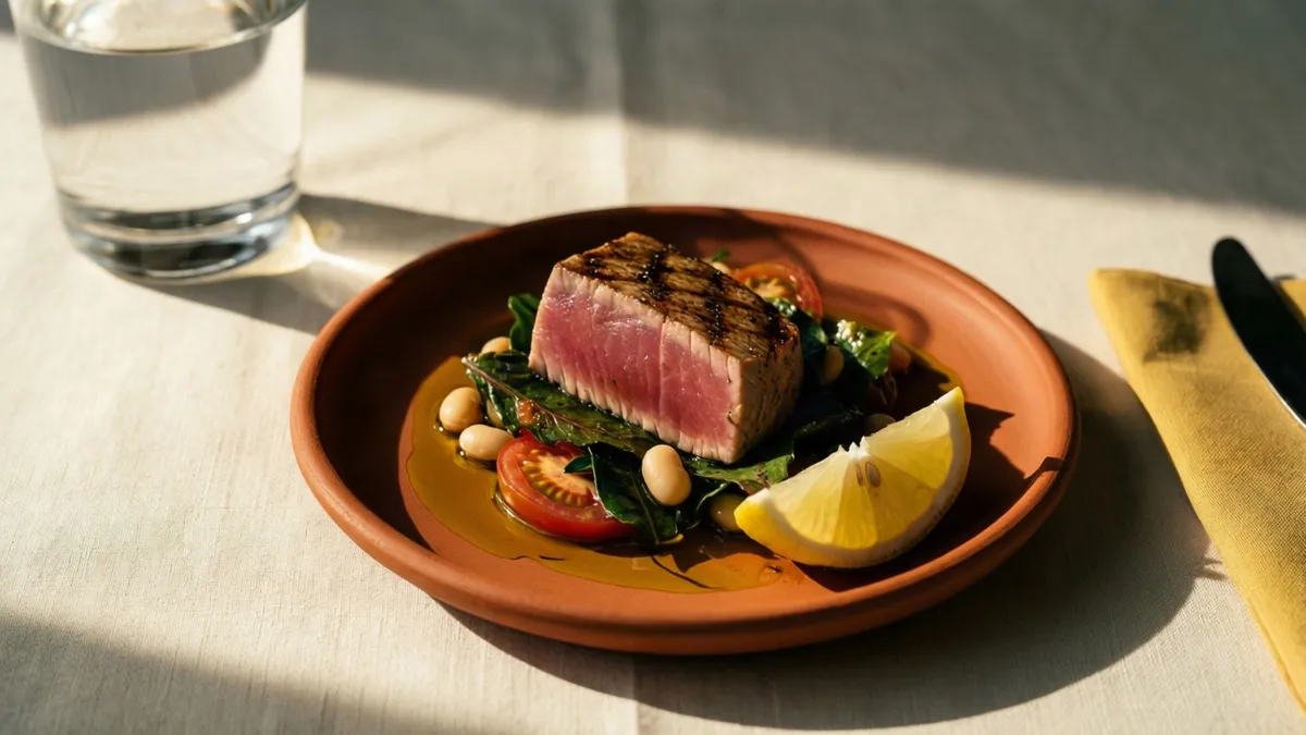 Plato pequeño de barro con atún a la plancha, ensalada y alubias, junto a un vaso de agua