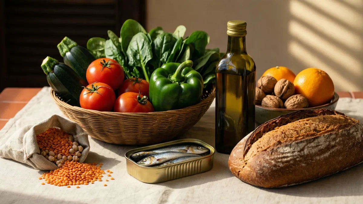 Cesta de mimbre con verduras frescas, botella de aceite, pan rústico, lata de pescado, legumbres y frutos secos sobre mesa con luz natural.