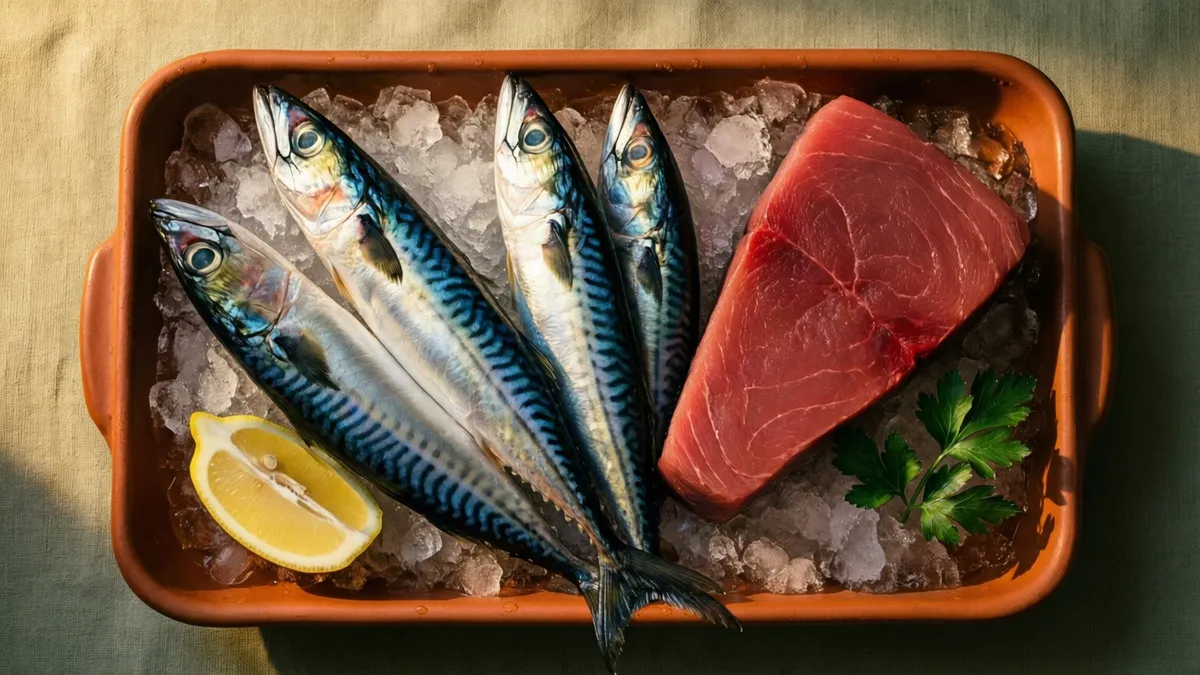 Bandeja de barro con hielo, caballas, sardinas y un lomo de atún, con limón y perejil