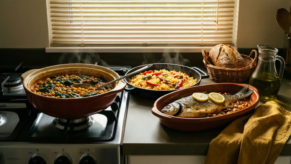Cazuela de garbanzos con espinacas, arroz con pimientos y pescado al horno recién hechos