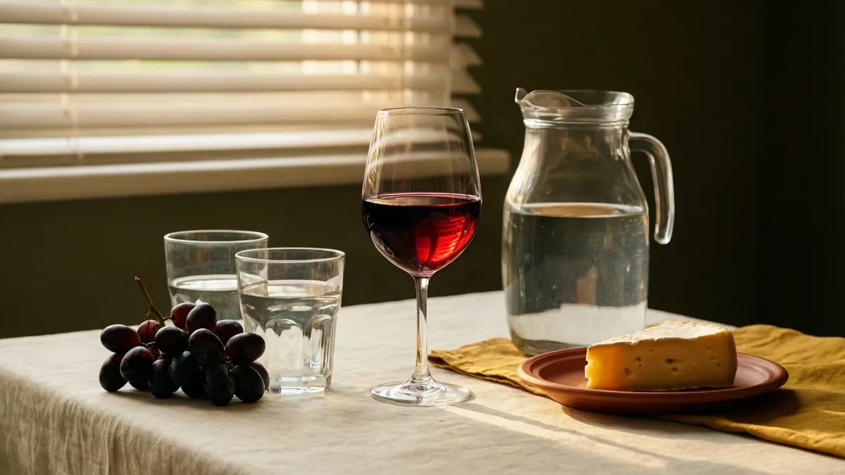 Una copa de vino tinto junto a una jarra grande de agua, uvas y un trozo de queso